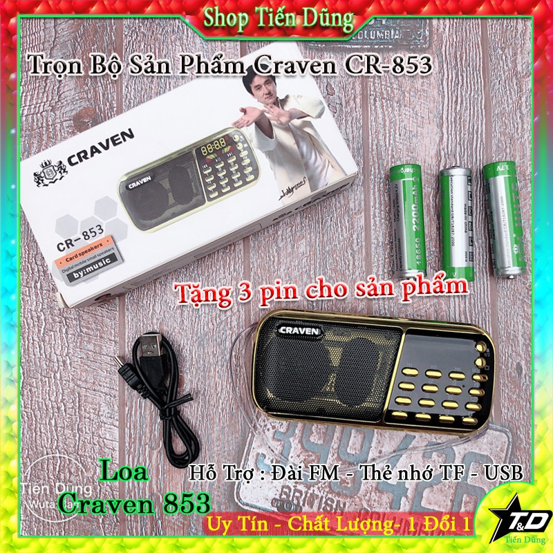 Loa nghe Craven  RC 853 thẻ nhớ, Usb, FM tặng kèm 3 pin dung lượng cao nhỏ gọn âm thanh chất lượng giá hợp lý