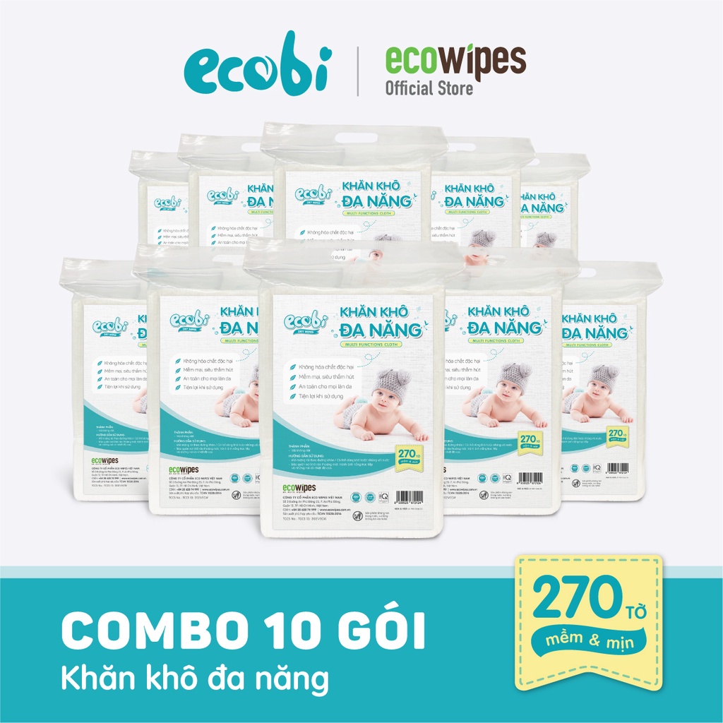 Combo 10 gói KHĂN KHÔ ĐA NĂNG ECOBI 270 tờ - Dùng thay khăn sữa, an toàn cho trẻ sơ sinh