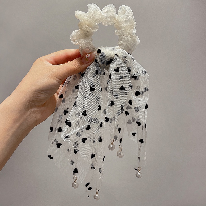 Dây Buộc Tóc Thắt Nơ Vải Lưới Họa Tiết Chấm Bi Đính Ngọc Trai Thời Trang Mùa Hè