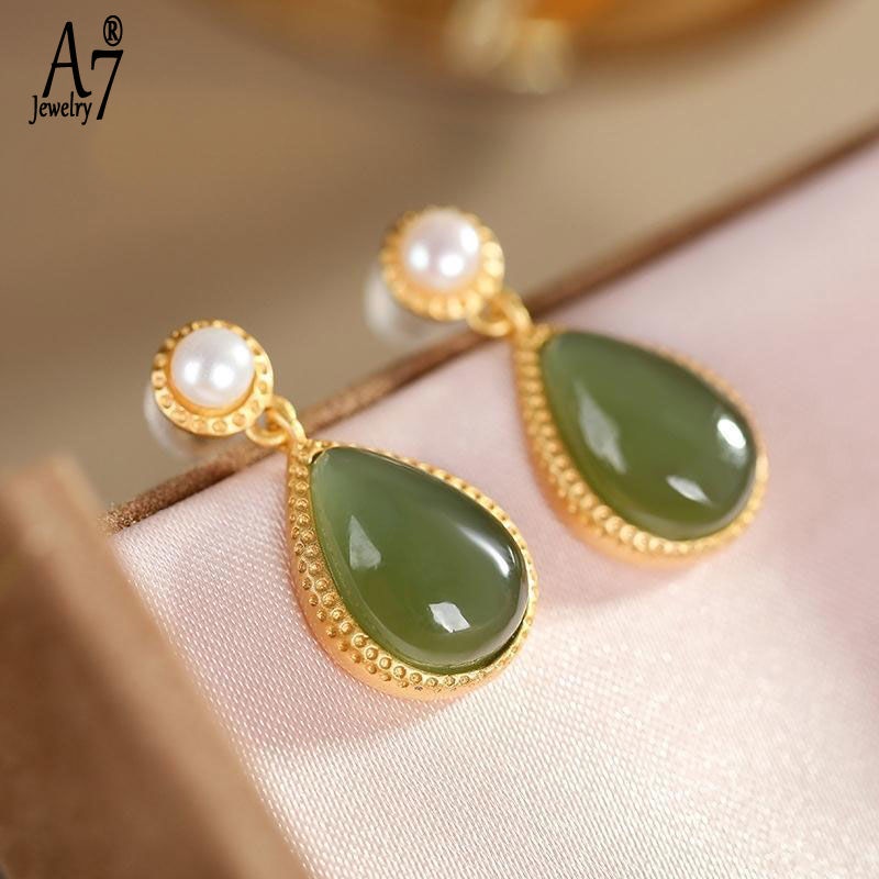 Bông Tai Bạc A7 S925 Đính Đá Ngọc Bích Hình Giọt Nước Thanh Lịch