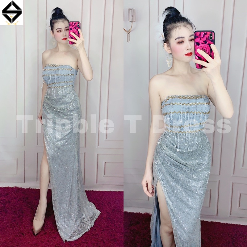 Đầm maxi kim sa kết hạt có lót trễ vai xoắn eo sang trọng TRIPBLE T DRESS - size M/L - MS127V