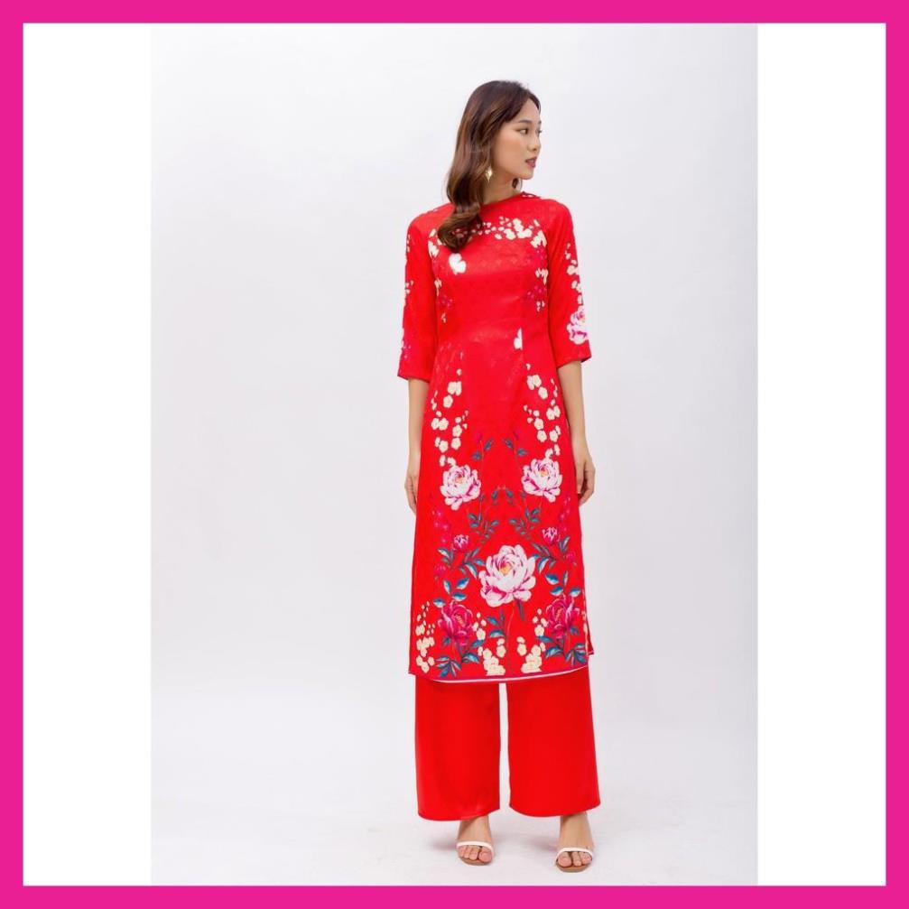 Áo Dài May Sẳn, Áo Dài Cổ Tròn Tay Lửng Màu Đỏ Chất Liệu Gấm Lụa In Hình Hoa Trạng Nguyên. | BigBuy360 - bigbuy360.vn