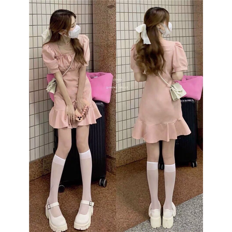 [ Miễn phí ship 2022 ] Đầm hồng cổ vuông nhún ngực, đầm tay búp đuôi cá phong cách hàn quốc cực dễ thương