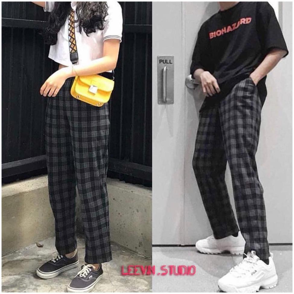 Quần Baggy Nam Nữ Kẻ Caro PLAID Ống Suông Unisex - Kiểu quần baggy nữ vải Plaid kẻ caro dáng suông rộng Leevin Store !