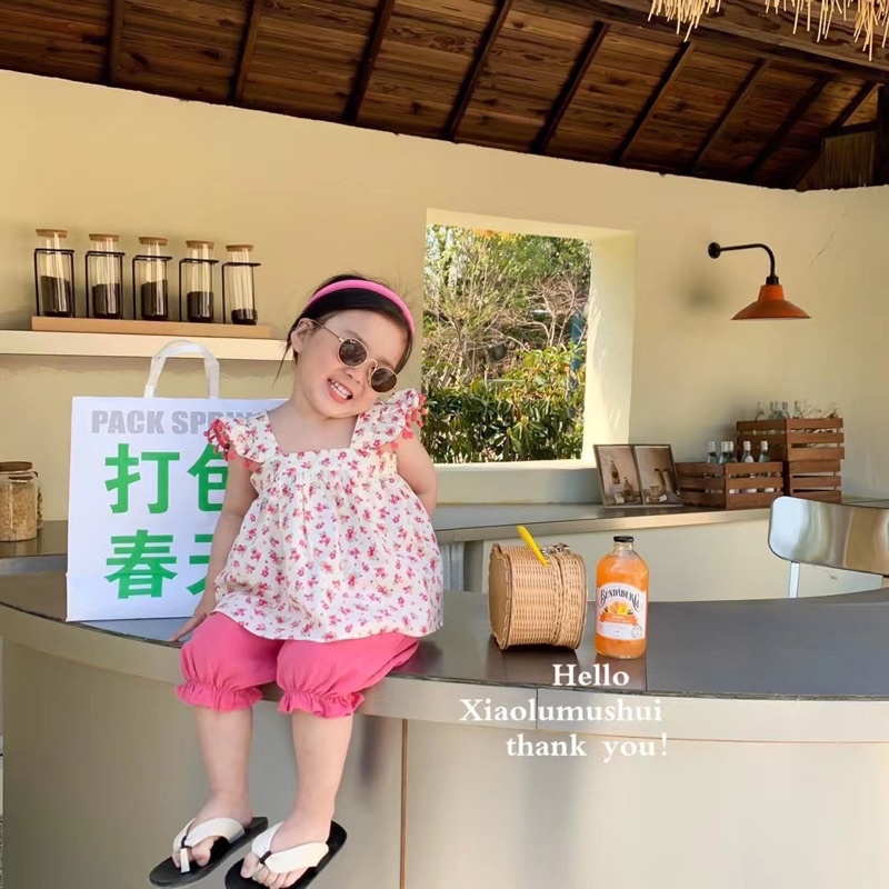 Set áo hoa đũi + quần chun ống cho bé gái