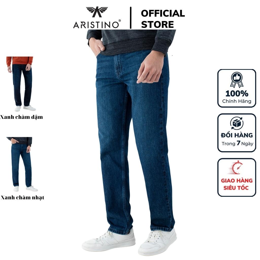 Quần jean nam cao cấp hàng hiệu ARISTINO AJN01601 dáng regular fit suông vừa vải bò denim cotton đàn hồi màu xanh chàm