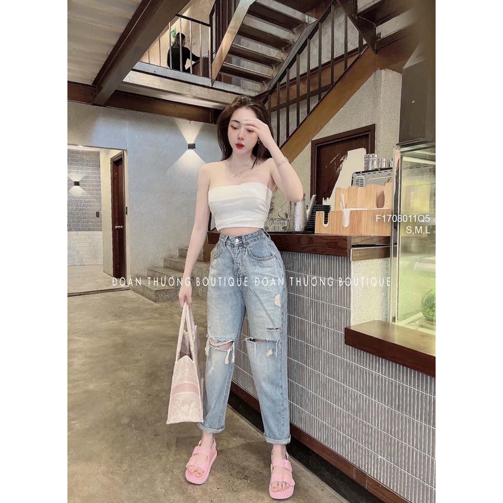 Quần baggy jean rách gối hai bên lưng cao hàng đẹp!