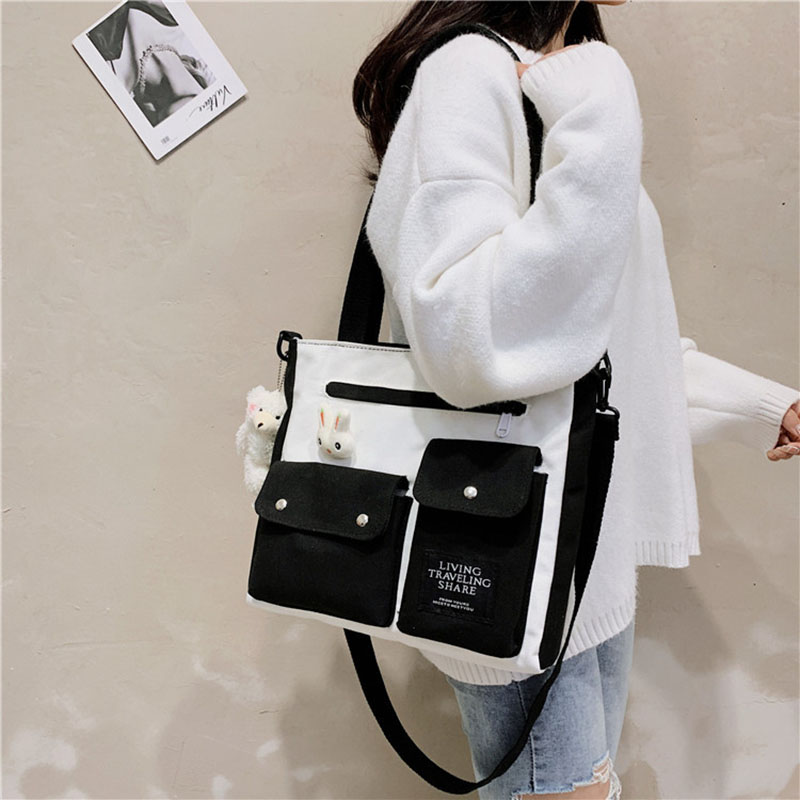 Túi Xách Nữ Vải Bạt Thời Trang Hàn Horizontal square canvas literary one-shoulder portable handbag Women's single shoulder, size 29*33*7CM, black/yellow/blue/pink