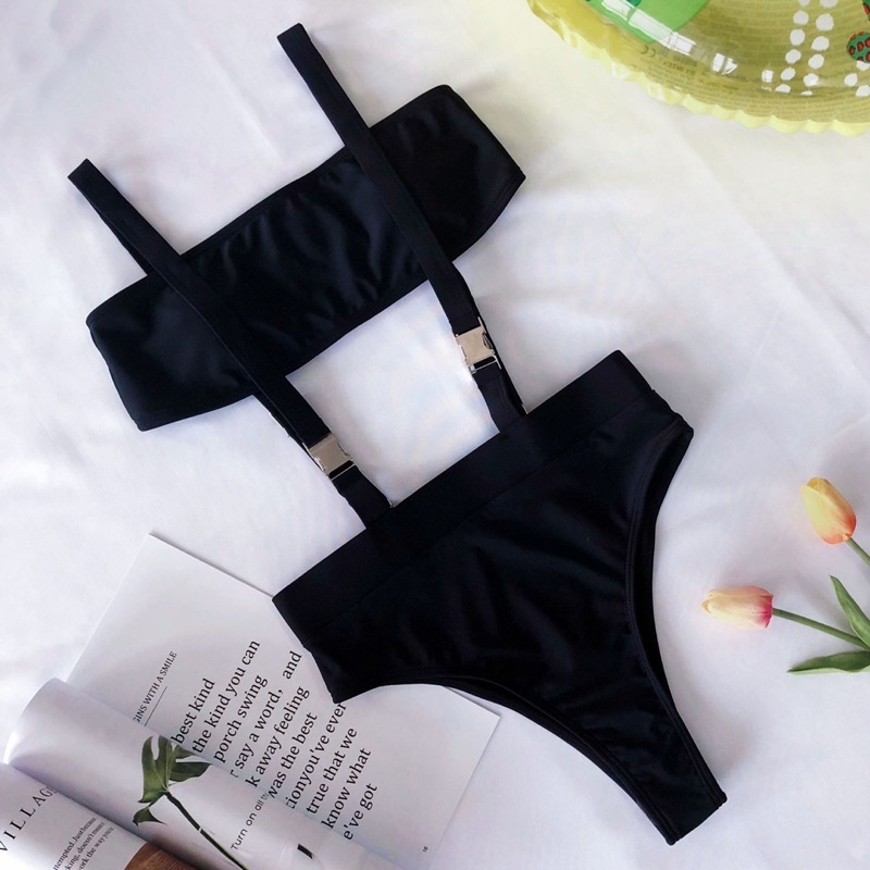 [BKN544N] &lt;ÂU&gt; SET BIKINI DÁNG YẾM ĐEN VẢI TRƠN (CẠP CAO)