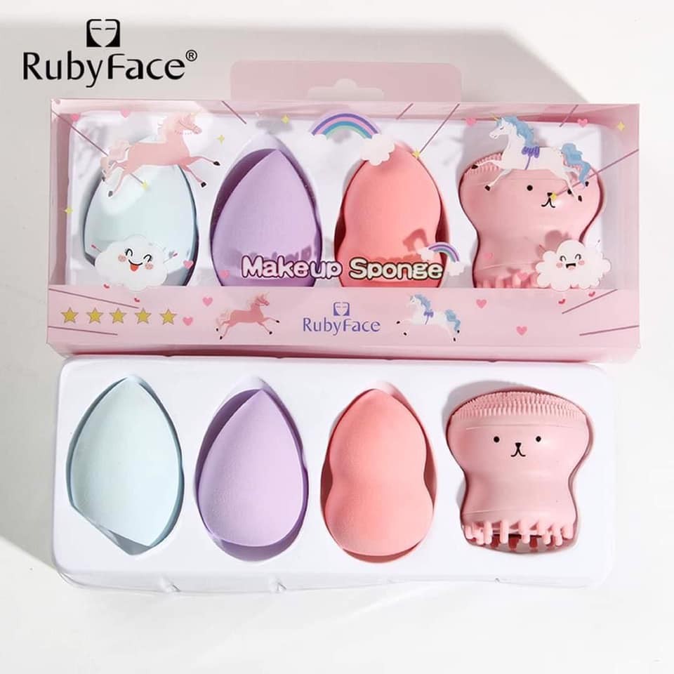 Set 3 bông mút trang điểm kèm 1 rửa mặt bạch tuộc Ruby Face