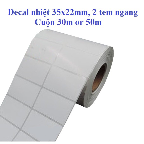 Giấy in mã vạch 2 tem ngang 35x22mm( Cuộn 30m 2500 tem ) - Giấy decal nhiệt 2 tem khổ 70x22mm