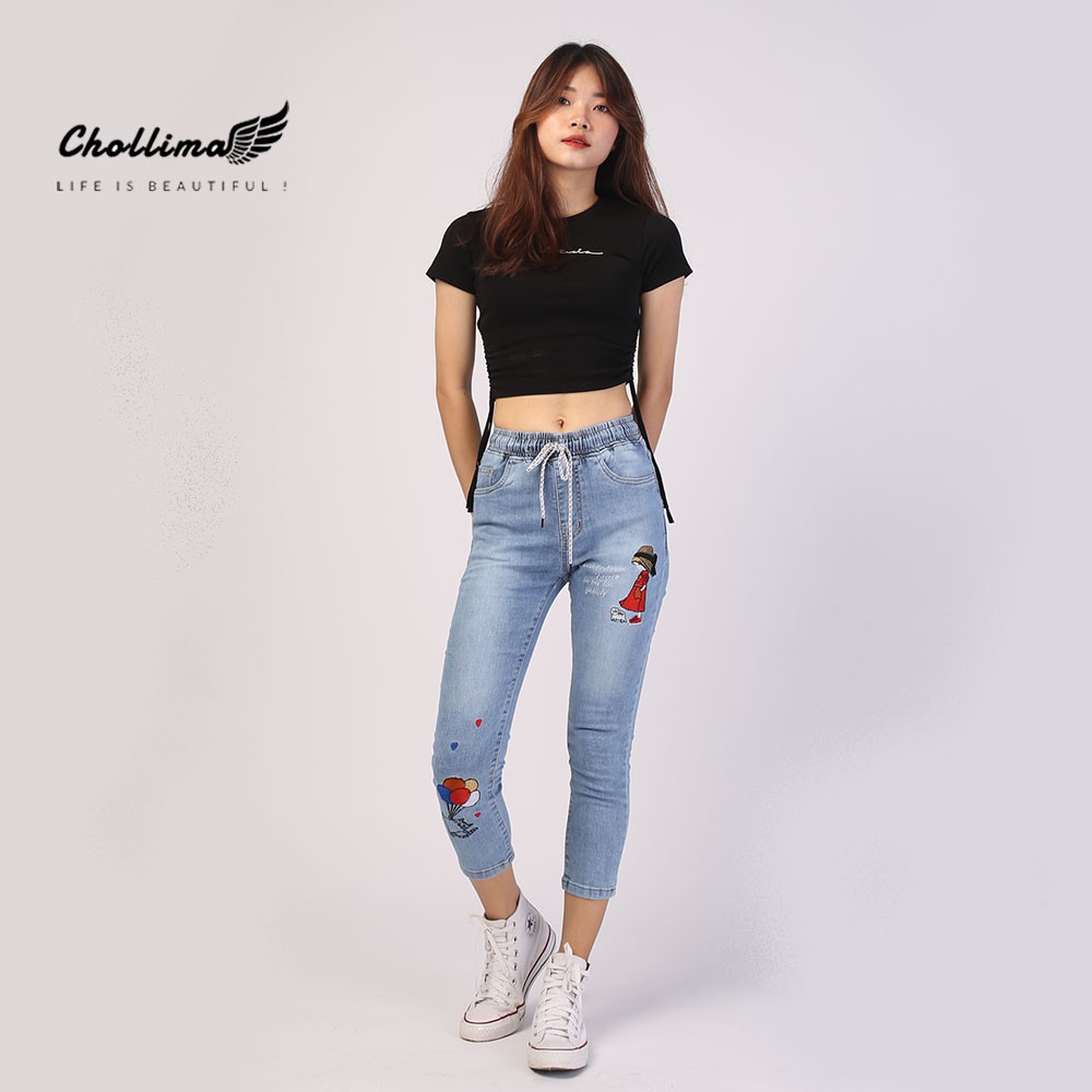Quần jeans nữ lưng thun Chollima thêu cô gái QD021 - Quần bò 9 tấc lưng thun | BigBuy360 - bigbuy360.vn