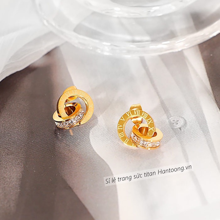 Bông tai titan nữ không gỉ khắc số la mã phong cách thời trang hàn quốc