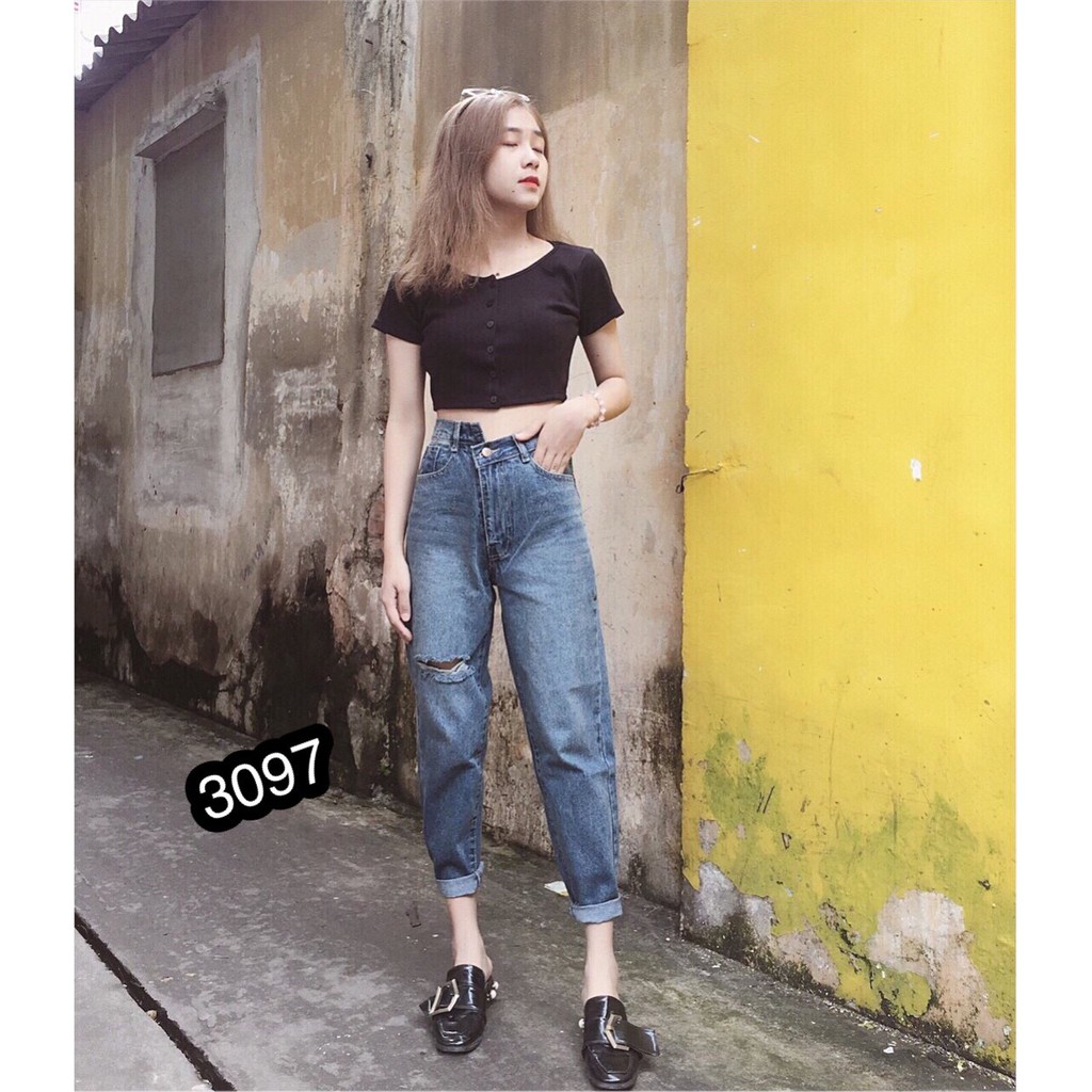 Quần Jeans Nữ Lệch Nút Cài Phong Cách OHS3097