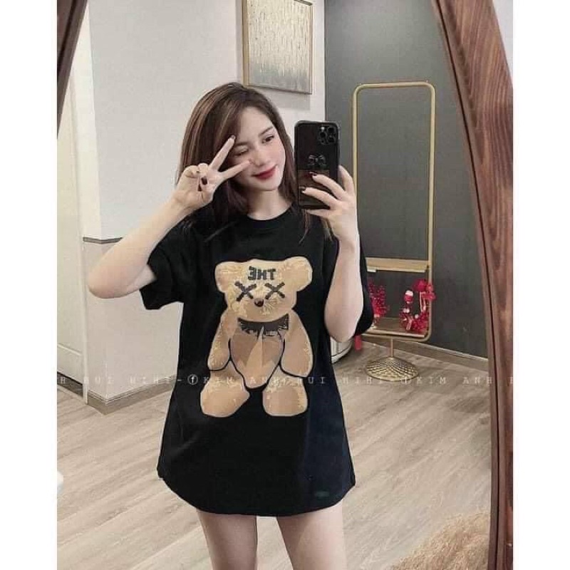 Áo thun cổ tròn tay lỡ unisex in hình gấu form rộng nam nữ