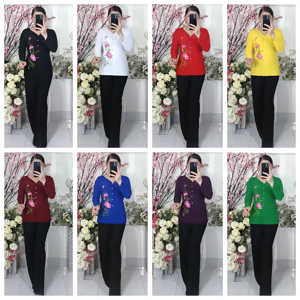 Bộ (Áo Thêu Sen + Quần Đen Rộng (Thêu Trên Vải)