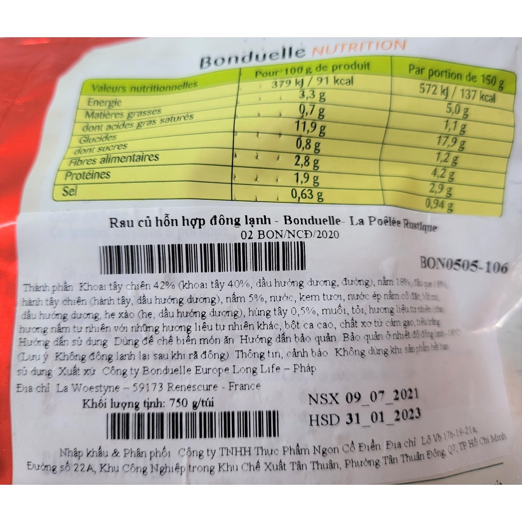 [Túi 750g – NHÃN NÂU] RAU CỦ HỖN HỢP NÊM SẴN RUSTIQUE BONDUELLE (nw0)