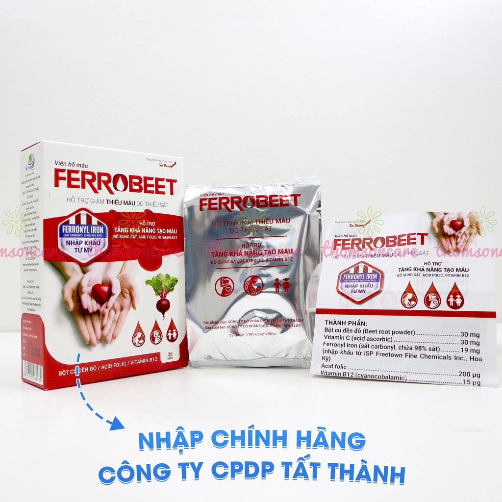 Bổ máu Ferrobeet - bổ sung Sắt, Acid Folic từ củ dền đỏ cho người thiếu máu - Hộp 30 viên