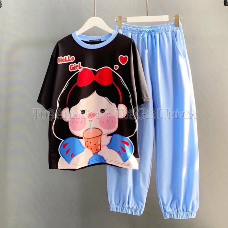 Set Nữ Bộ Dài Quần Joger Trơn Ống Bo - Áo thun 3D hoạt hình phối quần dài da cá Freesize 38-65kg TUEANHSTORE