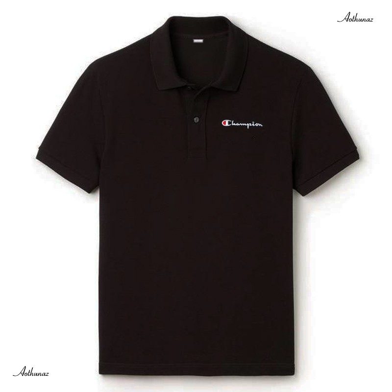 Áo thun nam ( Cổ trụ Polo ) màu đen thêu logo Champion - Vải Cá sấu cao cấp
