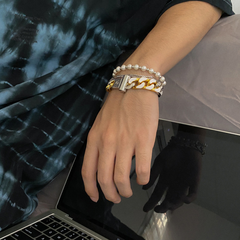 Vòng Tay Hai Lớp Đính Hạt Ngọc Trai Phong Cách Hip Hop