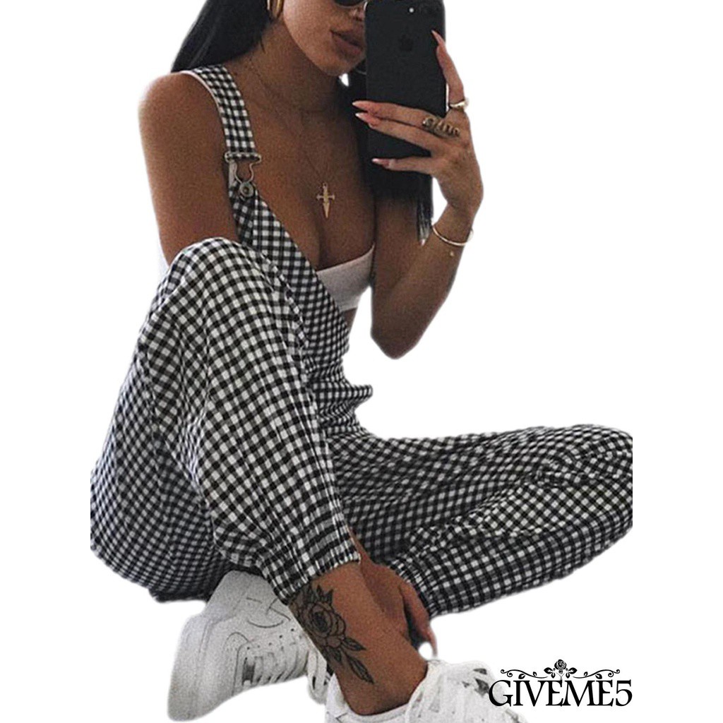 Bộ Áo Liền Quần Không Tay Họa Tiết Sọc Caro Dành Cho Nữ