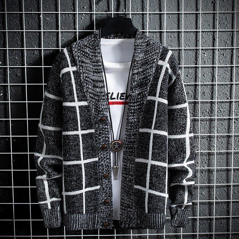 Áo khoác cardigan dệt kim kẻ sọc caro trẻ trung thời trang thu đông phong cách Hàn Quốc cho nam