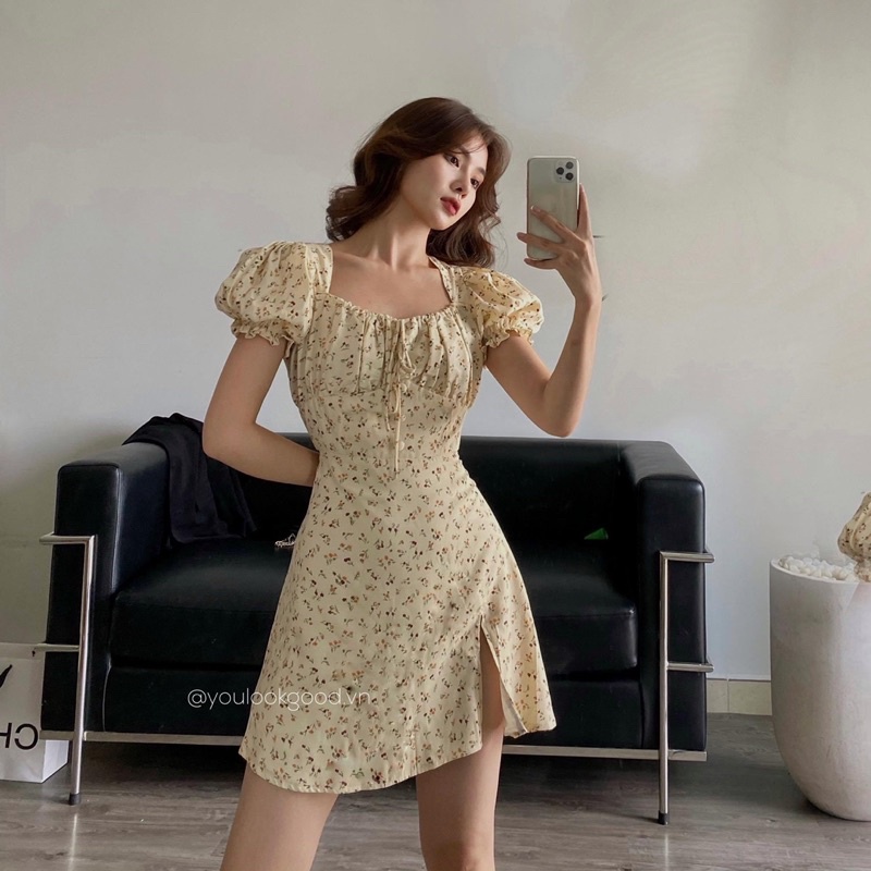 ĐẦM HOA ULLZANG DRESS thiết kế ngắn tay bồng xẻ tà đuôi váy cách điệu với chất vải hoa dày dặn cột nơ style tiểu thư