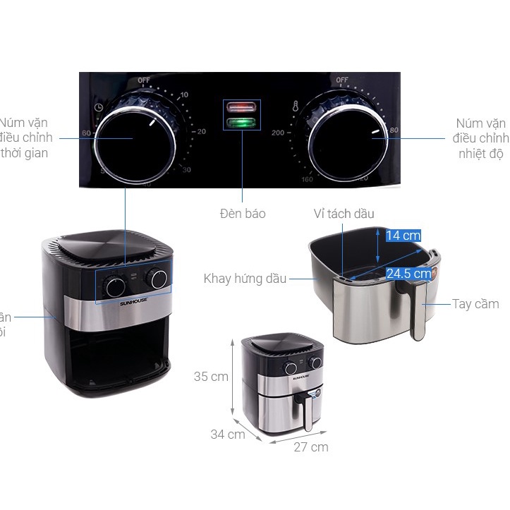 Nồi chiên không dầu  SUNHOUSE SHD4026 6.0L - Chống dính Whitford - An toàn cho sức khoẻ - Hàng chính hãng - BH 1 năm