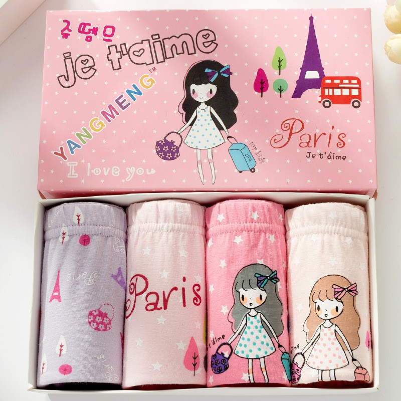 Combo Hộp 4 quần lót dạng đùi vải cotton Hàn Quốc cho bé gái mẫu I Love Paris