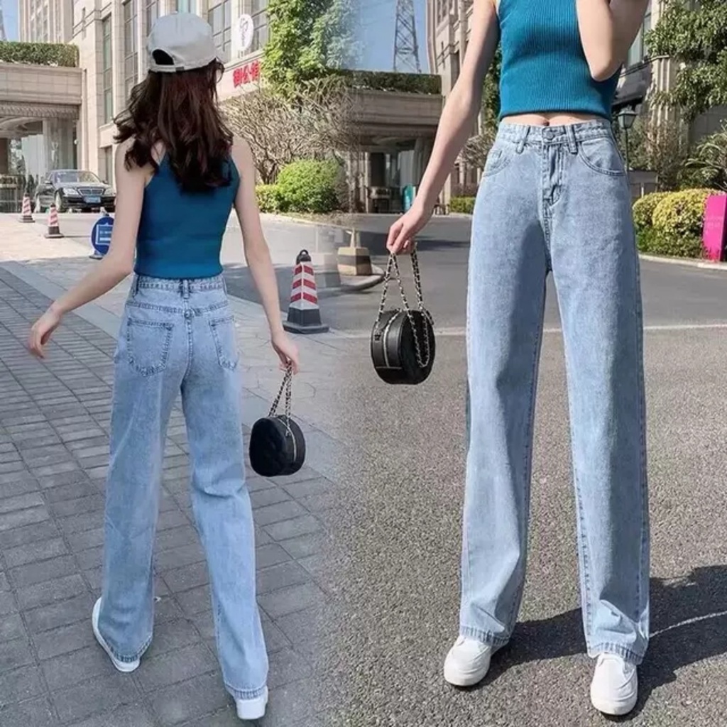 Quần jean nữ FLAKY SHOP cao cấp - Quần jean ống rộng lưng cao dáng suông dài basic hàng chuẩn shop | BigBuy360 - bigbuy360.vn