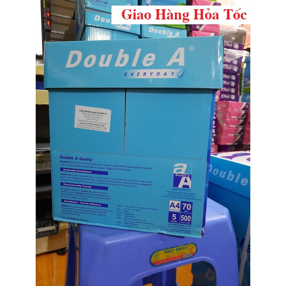 1 Thùng Giấy A4/70gsm Double A, 1 Thùng 5 Ram, 500 Tờ/Ram - Nhập Khẩu Thai Lan
