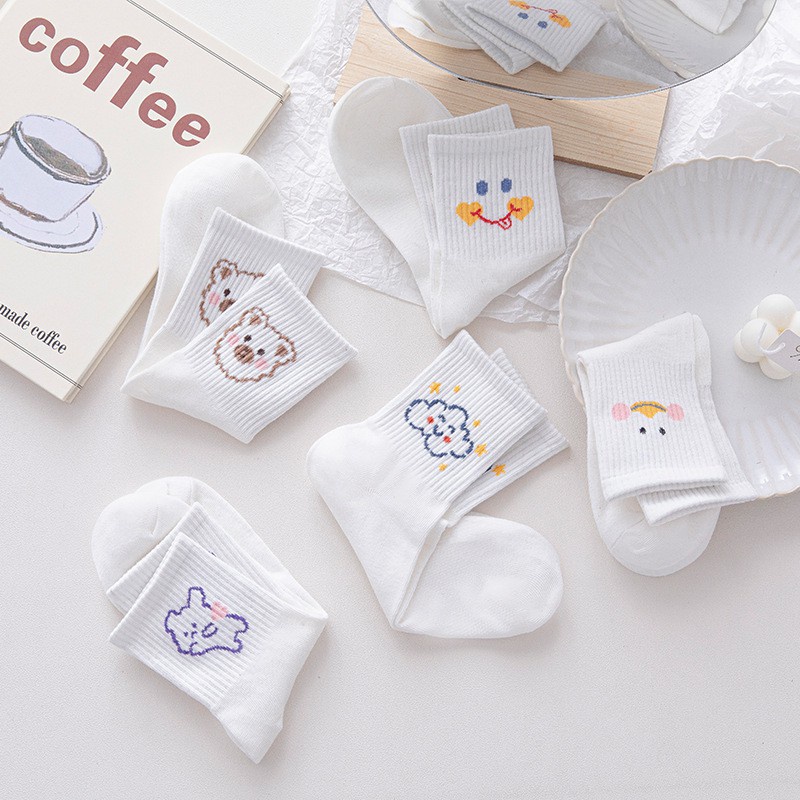 Tất cổ cao, vớ cổ cao nữ trắng hình thú dễ thương vải cotton co giãn thời trang Hàn Quốc M04