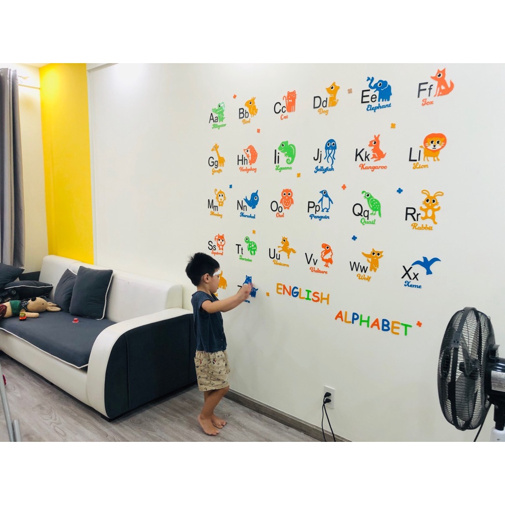 Tranh dán tường mica 3d decor khổ lớn bảng chữ cái tiếng anh trang trí mầm non, phòng cho bé Nhiều Size - EPeBen