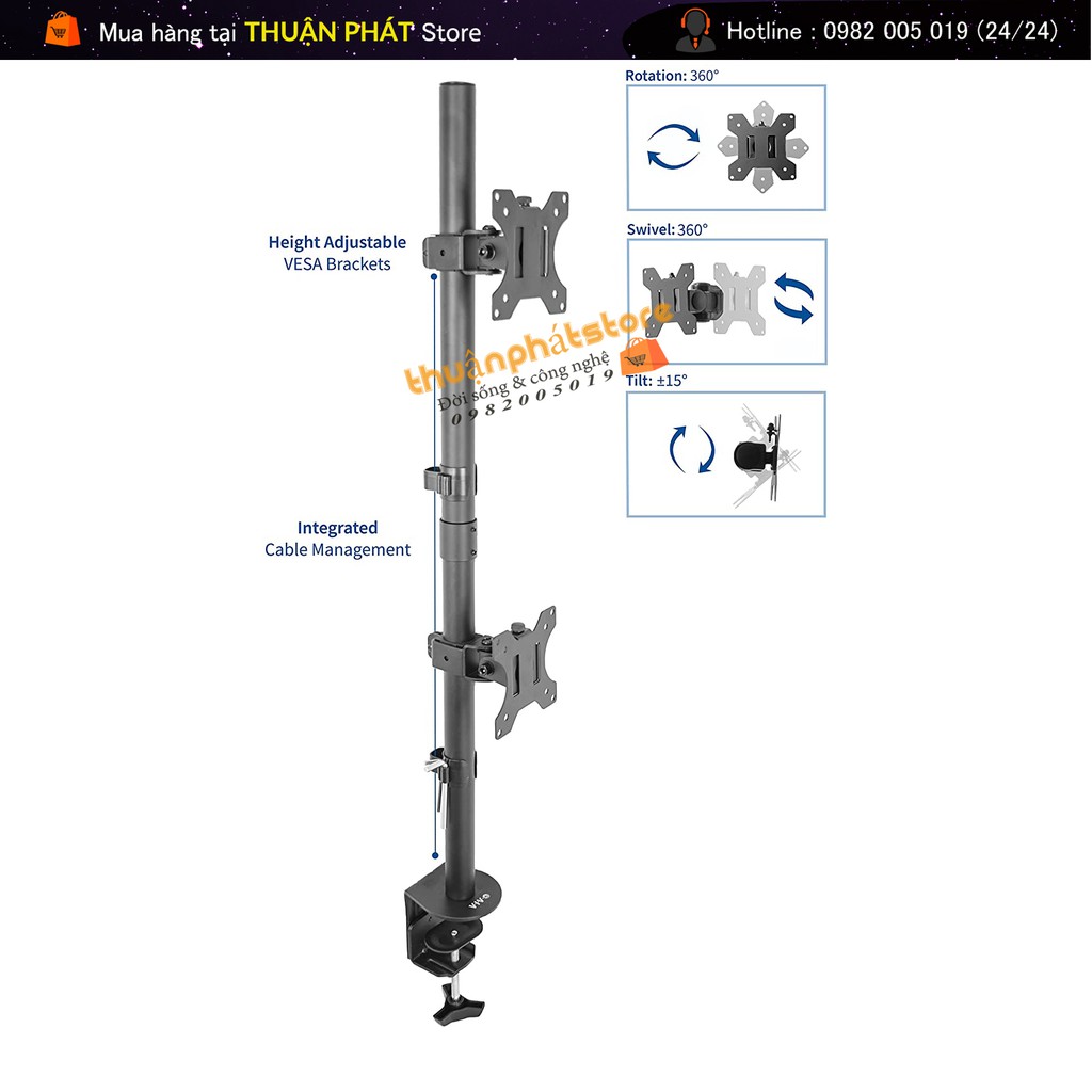 [Trụ 80Cm] Giá Treo Hai Màn Hình Kẹp Bàn 17 – 27 Inch Tay Treo Hai Màn Hình Máy Tính Xếp Màn Trên / Dưới - Xoay Màn 360°