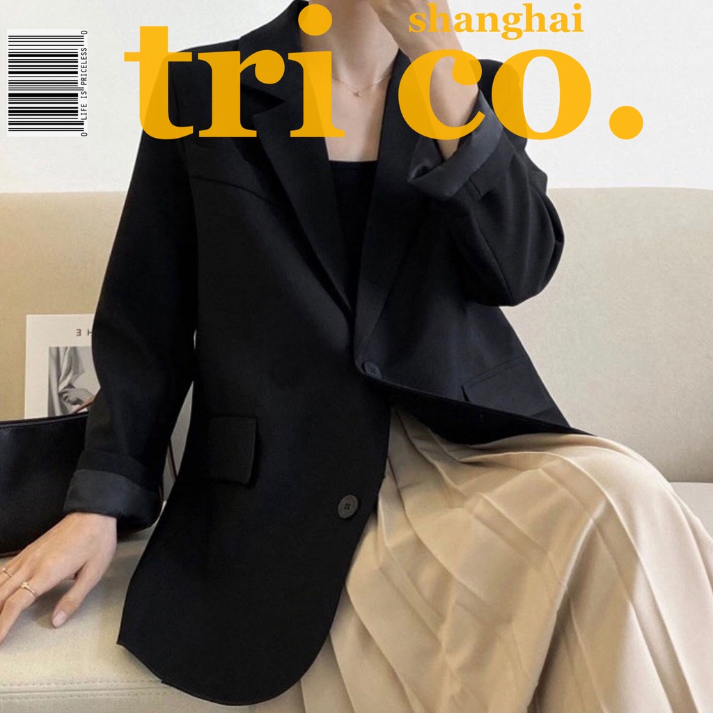 Áo khoác blazer dáng rộng màu đen trơn kiểu Hàn Quốc cho nữ