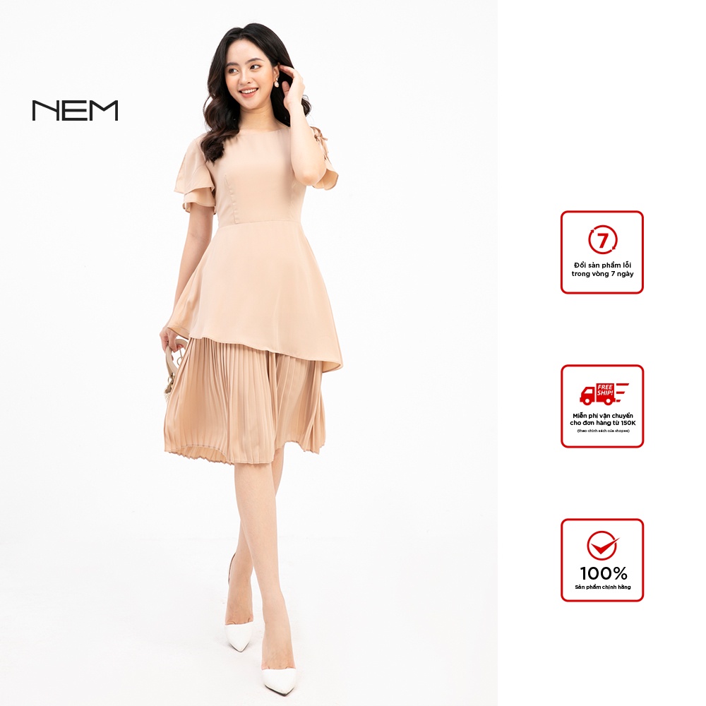 Đầm công sở thiết kế cao cấp NEM dáng chữ A xếp ly màu be trơn phong cách Hàn Quốc D50162