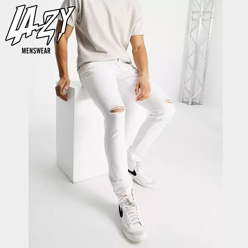 Quần jean nam màu trắng trơn rách gói dáng suôn cao cấp - chất jean co giãn LAZY