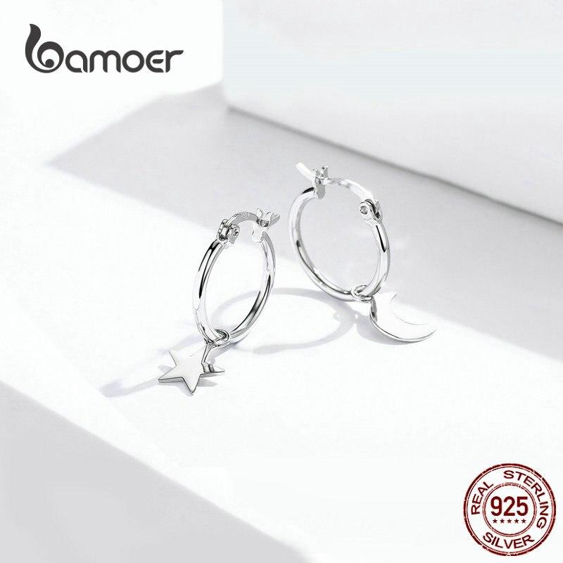 Bông tai Bamoer bạc 925 mặt hình ngôi sao/mặt trăng xinh xắn cho bạn gái