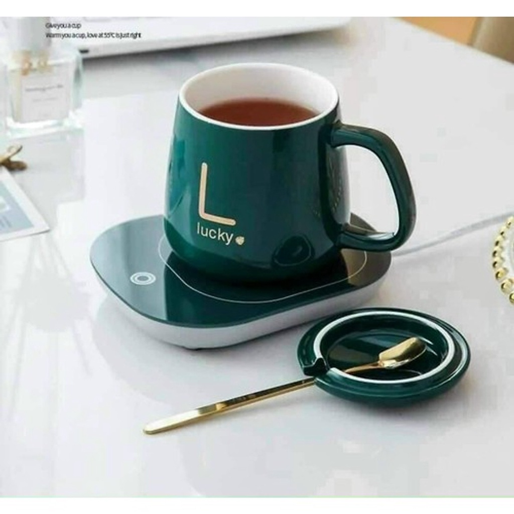 Bộ cốc sứ hâm nóng cafe, trà, sữa cao cấp kèm đế điện, ly sứ cao tặng kèm thìa