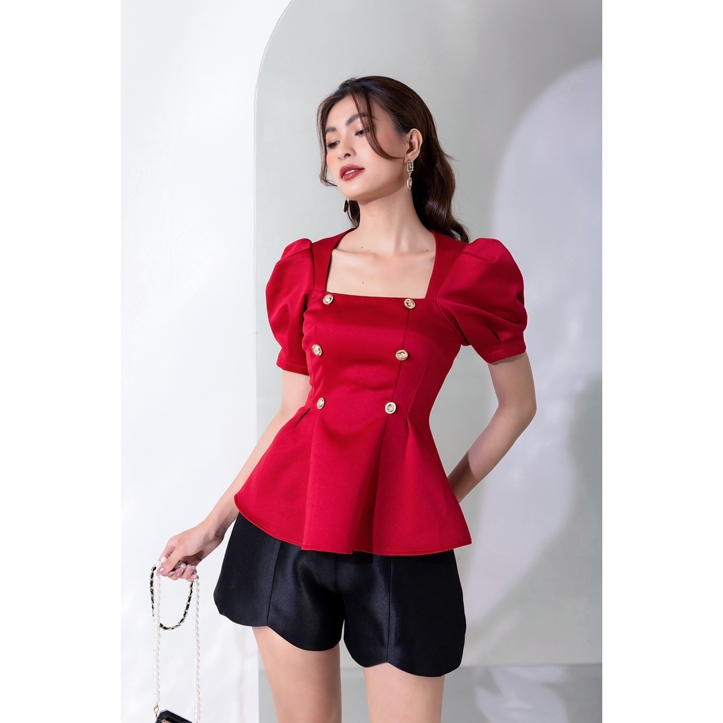 Áo kiểu cổ vuông CHARMO đính nút vải phi biên sang trọng Ruffle Button Top