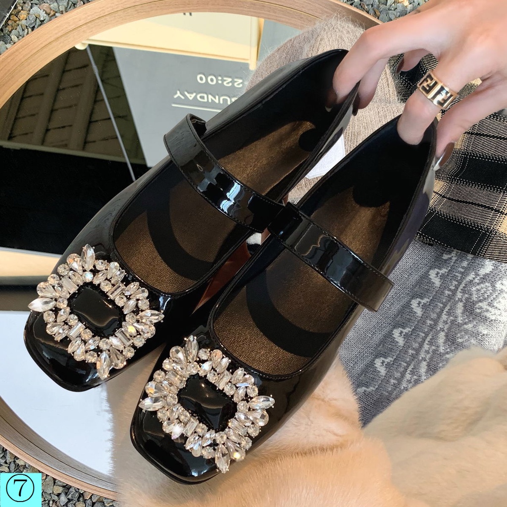 Giày Búp Bê Da Mũi Vuông Đế Thấp Đính Đá Trang Trí Sang Trọng Thời Trang Xuân Thu 2022 Cho Nữ