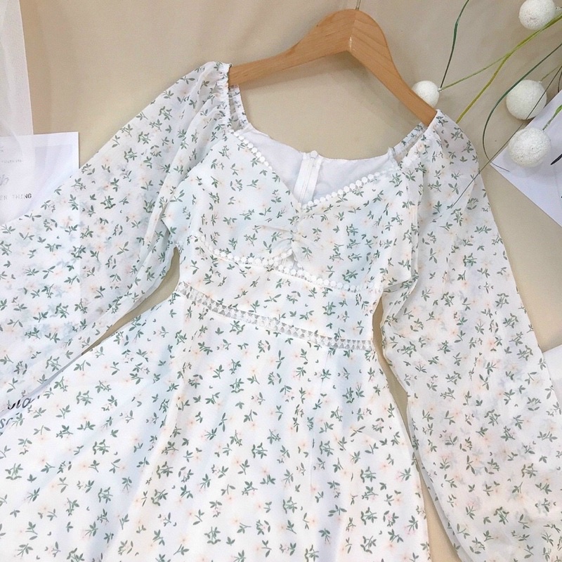 Đầm hoa nhí tay dài vintage tay phồng viền ren dáng ngắn xòe hoa xanh