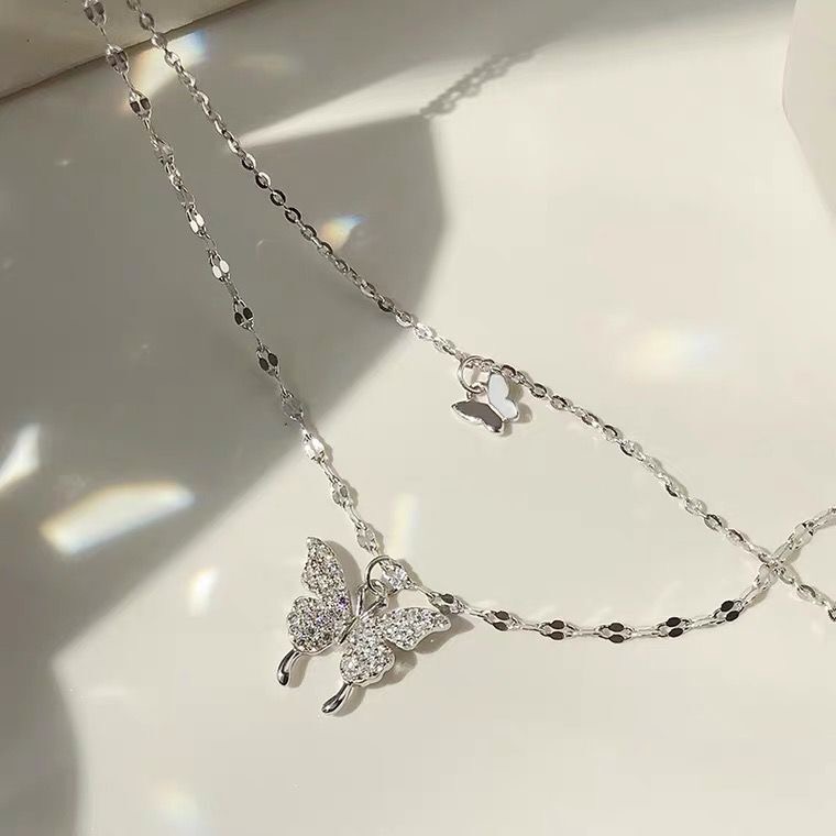 Vòng Cổ Mạ Bạc Nhiều Lớp Mặt Hình Bướm Phong Cách Hàn Quốc
