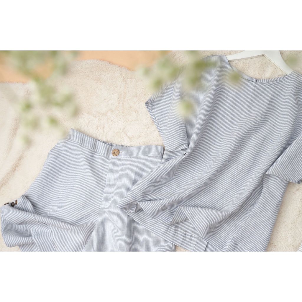 Set bộ Linen KANAMY phối nút sọc màu xanh