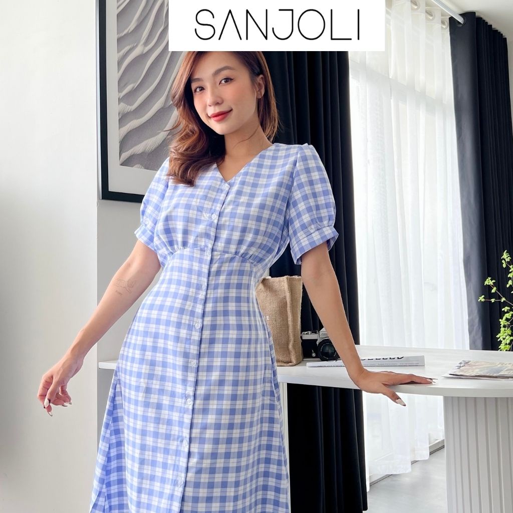 Đầm Tiểu Thư Caro SANJOLI Váy Công Sở Cao Cấp Thiết Kế Suông Kiểu BabyDoll Hàn Quốc Đi Dự Tiệc Cưới, Đi Chơi Xanh VD046