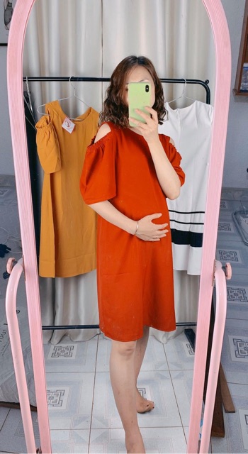 Váy bầu suông thiết kế hở vai w125 ( về đủ 3 màu)