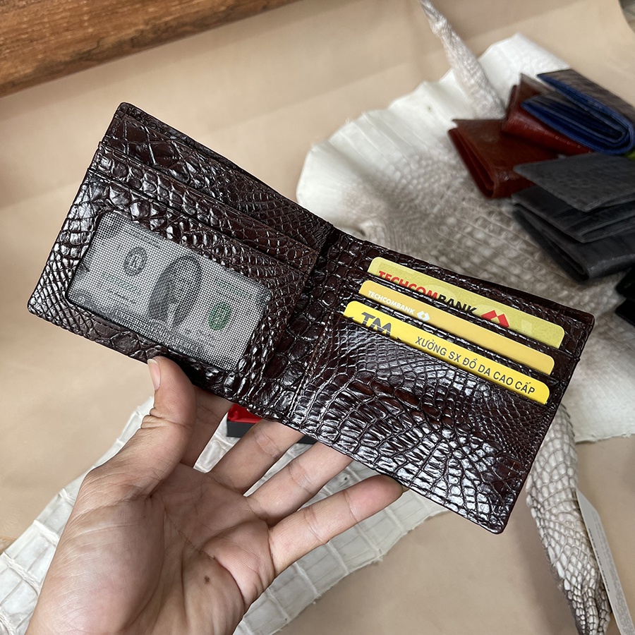 Ví Nam 2 Mặt Da Cá Sấu Thật Phần Da Bụng Trơn Màu Nâu Đất ST68 Tặng Kèm Hộp Và Móc Khóa Cá Sấu Bảo Hành Da 24 Tháng