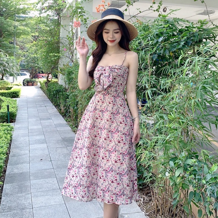 Váy 2 dây hoa ngực nơ V385 KYMIE