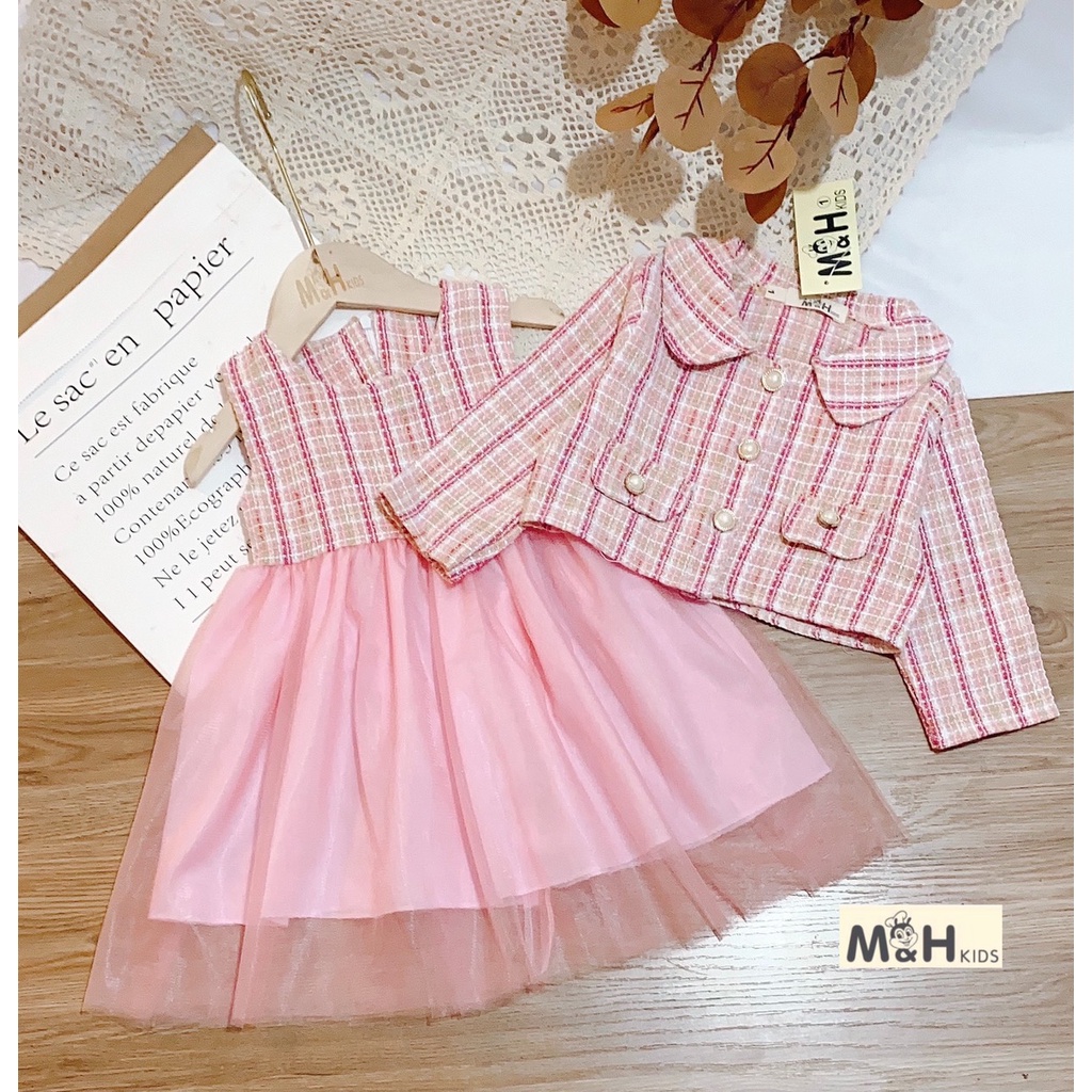 Set váy thu đông cho bé gái - Quần áo trẻ em Mon Kids - Chân ren kèm áo khoác dạ màu hồng
